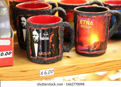 Mount Etna - Italy / July 24, 2019. A Souvenir In The Shops Around The Cableway Station On Mount Etna: A Coffee Mug With The Godfather (Marlon Brando)