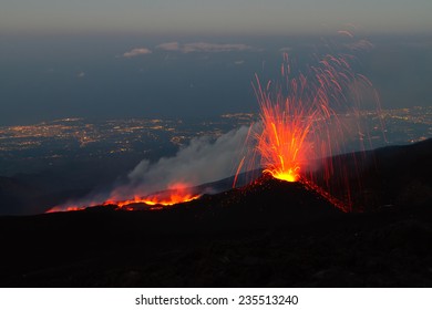 Mount Etna Produces Fountain Of Lava And Ash During Continued Eruption.