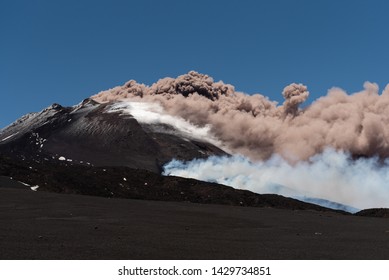 Mount Etna Volcano Erupts, Volcanic Ash Clouds & Steam Develop. Catania, Sicily, May 2019