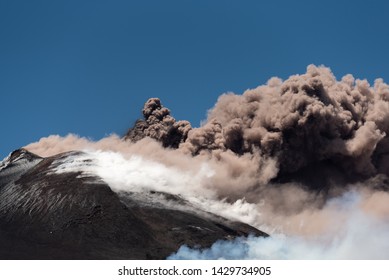 Mount Etna Volcano Erupts, Volcanic Ash Clouds & Steam Develop. Catania, Sicily, May 2019