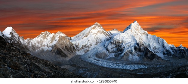 Mount Everest, Lhotse and Nuptse panoramic view from Pumo Ri base camp - way to Mount Everest base camp, Khumbu valley, Sagarmatha national park, Nepal Himalaya mountain evening sunset view