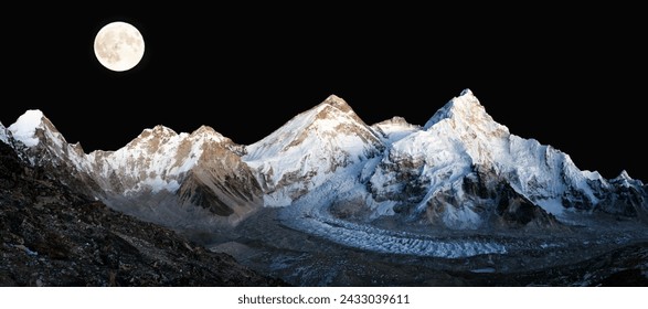 Mount Everest Mt Lhotse and Nuptse peak, night view with moon, as seen from Pumori base camp, Nepal Himalaya mountain. Sagarmatha national park - Powered by Shutterstock