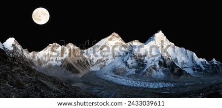 Mount Everest Mt Lhotse and Nuptse peak, night view with moon, as seen from Pumori base camp, Nepal Himalaya mountain. Sagarmatha national park