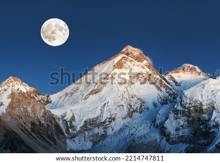 Mount Everest, night view with moon, Nepal Himalaya mountain. Mt. Everest and Lhotse peak, Khumbu valley, Sagarmatha national park