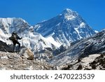 Mount Everest as seen from from Gokyo valley with tourist on the way to Everest base camp, Sagarmatha national park, Khumbu valley, Nepal Himalayas mountains