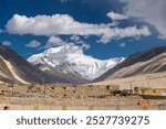 Mount Everest summit and base camp from Tibetan side in China on a sunny day