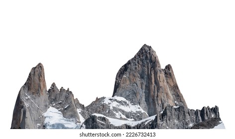 Mount Fitz Roy (also known as Cerro Chaltén, Cerro Fitz Roy, or Monte Fitz Roy) isolated on white background. It is a mountain in Patagonia, on the border between Argentina and Chile.