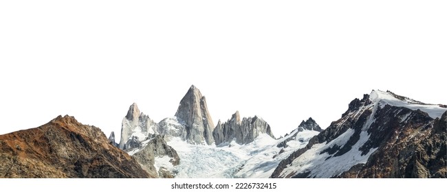 Mount Fitz Roy (also known as Cerro Chaltén, Cerro Fitz Roy, or Monte Fitz Roy) isolated on white background. It is a mountain in Patagonia, on the border between Argentina and Chile. - Shutterstock ID 2226732415