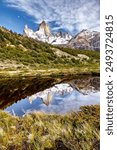 Mount Fitz Roy reflects in lake surface, Patagonia, Argentina