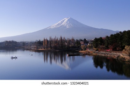 Mount Fuji - an iconic of Japan, with Lake Kawaguchi in sunny day.