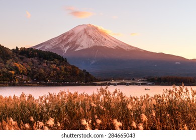 Mount Fuji And Lake Kawaguchi At Sunset, Japan.