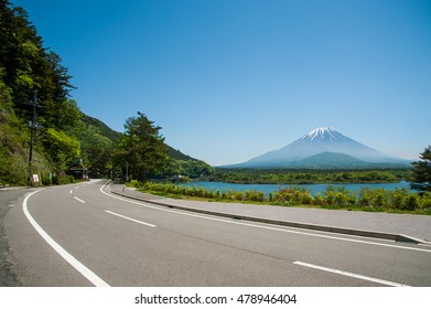 Mount Fuji With Road At Lake Shojiko, Yamanashi, Japan