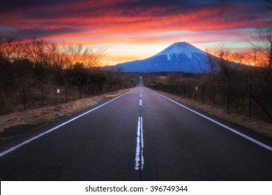 Mount Fuji With Road At Twilight Sunrise