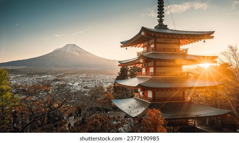 Mount Fuji san beautiful landscapes on sunset. Fujiyoshida, Japan at Chureito Pagoda and Mt. Fuji in Autumn. Arakurayama Sengen Park. - Powered by Shutterstock