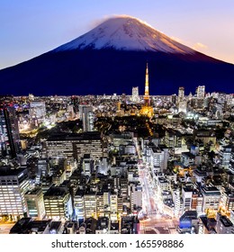 Mount Fuji and tokyo city in twilight