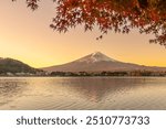 Mount Fuji view at Lake Kawaguchi in Autumn season. Mt Fujisan in Fujikawaguchiko, Yamanashi, Japan. Landmark for tourists attraction. Japan Travel, Destination, Vacation and Mount Fuji Day concept