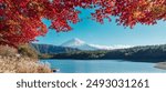 Mount Fuji view at Lake Saiko in Autumn season. Mt Fujisan in Fujikawaguchiko, Yamanashi, Japan. Landmark for tourists attraction. Japan Travel, Destination, Vacation and Mount Fuji Day concept