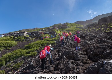 MOUNT FUJI, YAMANASHI, JAPAN - JULY 17, 2016 : Crowds Of Climbers Are Climbing To The Summit Of Mount Fuji In Chubu Region, Honshu, Japan.