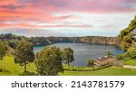 Mount Gambier, South Australia. Drone aerial view of beautiful Blue Lake in spring season.