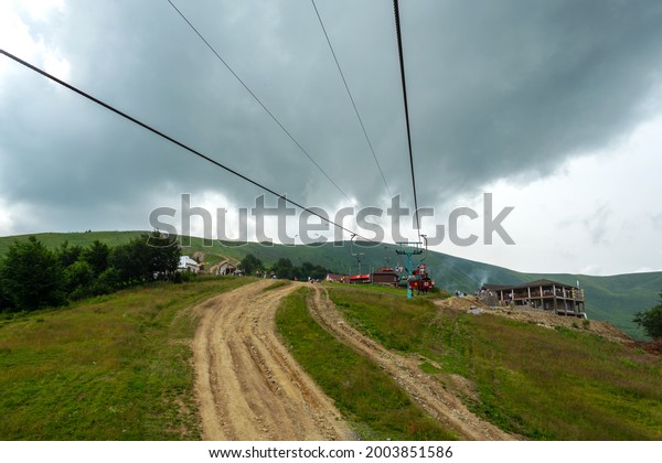 Mount Gymba. Carpathians.\
Ukraine. July 25. 2020. Mountain chairlift to Mount Gymbu\
Recreation Travels
