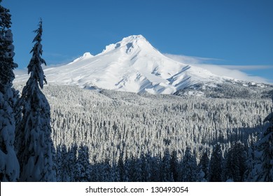 Mount Hood covered in winter snow, Oregon