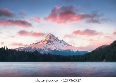 Mount Hood reflecting in Lost Lake at sunrise, in Mount Hood National Forest, Oregonstate. USA. Nature background concept.