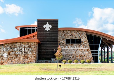 Mount Hope, USA - October 17, 2019: West Virginia Welcome Center Entrance Sign For J.W. And Hazel Ruby Boy Scouts Of America Modern Building Architecture