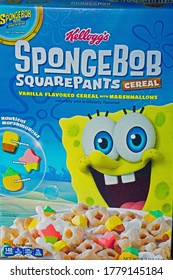 Mount Joy, Pa./USA-July 18, 2020: Illustrative/Editorial image of Kellogg's SpongeBob SquarePants cereal.