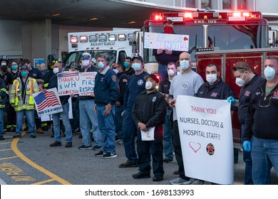 Mount Kisco, NY - April 8, 2020: Westchester first responders pay special tribute to show gratitude and support for the hospital’s staff during shifts change at Northern Westchester Hospital