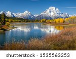 Mount Moran view from Oxbow Bend beside Snake River of Grand Teton, Wyoming. Color of tees and environment changing due to autumn change to winter.