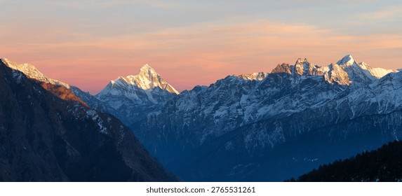 Mount Nanda Devi, Mt Nanda Devi peak is one of the best mounts in Indian Himalayas seen from Joshimath Auli, Uttarakhand, India Himalaya mountain, evening sunset view with sunset clouds