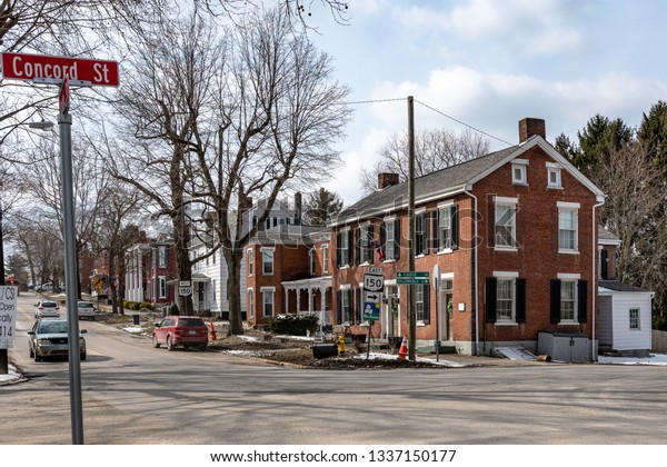 Mount Pleasant,\
Ohio/USA- March 7, 2019: A view from the corner of Union and\
Concord Streets of the historic homes in the villiage of Mt.\
Pleasant, OH established in\
1803.