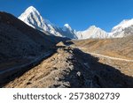 Mount Pumori and way to mount Everest base camp near Gorak Shep village, morraine of Khumbu glacier, Nepal Himalaya mountain