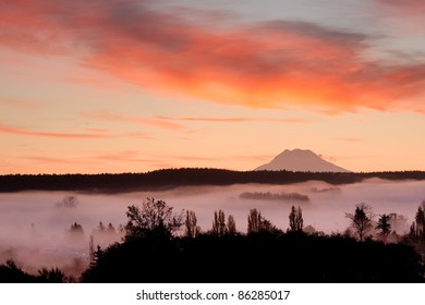 Mount Rainier Over Foggy Nisqually Valley Cascade Range Mountain Sunrise