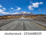 Mount Ruapehu, Manawatu-Wanganui, North Island, New Zealand, Oceania.
Panoramic view of Mount Ruapehu from Ohakune Mountain Road.