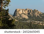 Mount Rushmore in the background with evergreen trees, and buildings in the foreground. Black Hills of South Dakota, USA.
