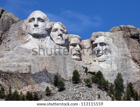 Mount Rushmore National Monument in South Dakota.  Summer day with clear skies.