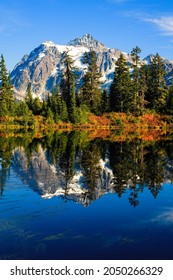 Mount Shuksan in North Cascades National Park reflects in a calm lake with fall colors surrounding the water - Shutterstock ID 2050266329