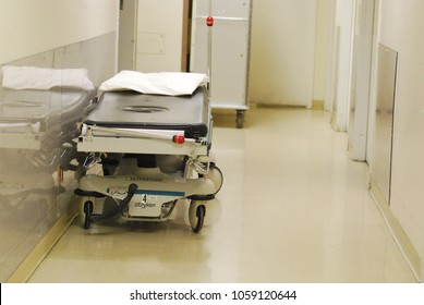 Mount Sinai Hospital Toronto, Canada - March 22 2018: Hallway With Bed In Medical Centre  