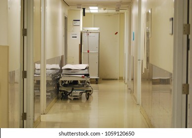 Mount Sinai Hospital Toronto, Canada - March 22 2018: Hallway With Bed In Medical Centre  