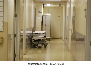 Mount Sinai Hospital Toronto, Canada - March 22 2018: Hallway With Bed In Medical Centre  