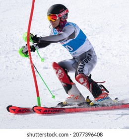 Mount Skier Pavel Nikolaev Krasnoyarsk Region Skiing Down. Russian Alpine Skiing Championship, International Ski Federation Championship, Slalom. Moroznaya Mount, Kamchatka, Russia - March 29, 2019