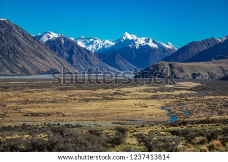 Mount Sunday landscape, scenic view of Mount Sunday and surroundings in Ashburton Lakes District, South Island, New Zealand