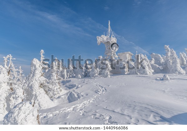 Mount Zao Snow Monster, overlooking communication\
tower - Yamagata, Japan