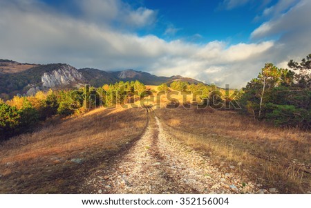 Mountain autumn landscape with road at sunset. Low clouds. Nature background