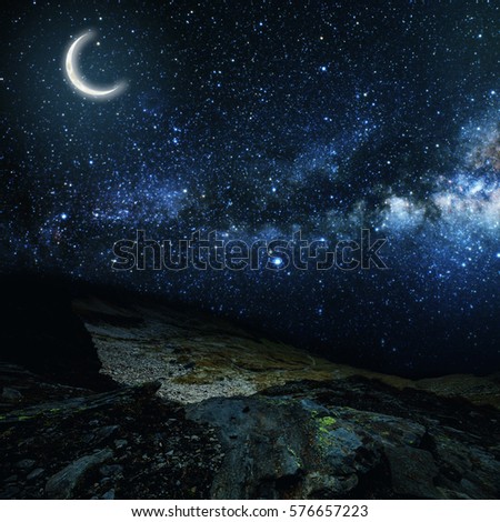 mountain. backgrounds night sky with stars and moon.  Elements of this image furnished by NASA