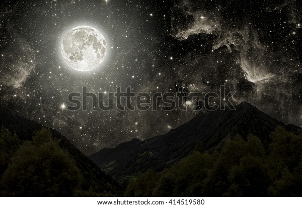 mountain. backgrounds night\
sky with stars, moon and clouds.  Elements of this image furnished\
by NASA