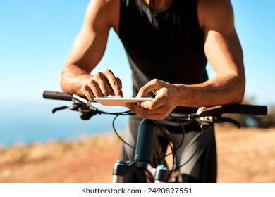 Mountain bike, hands or cyclist outdoor with mobile for fitness, tracking distance and map for direction guide. Nature, man and bicycle for exercise, training and phone for wellness application - Powered by Shutterstock