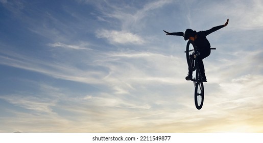 Mountain Bike Man, Sky Jump And Energy Of Action, Freedom And Competition Silhouette, Shadow And Mockup. Professional Cycling Athlete In Air, Danger Performance And Bicycle Risk On Background Clouds