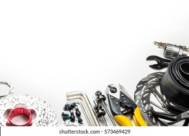 Mountain bike spares and tools on white background - Powered by Shutterstock - Get 15% off with code: PIKWIZARD15